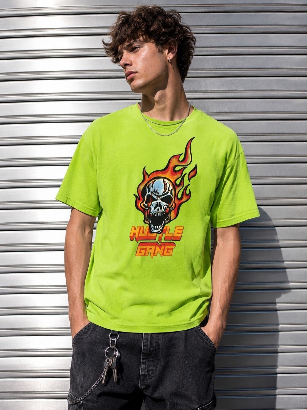 Hustle Gang Vengeance Skull Tee 2XL Acid Lime Graphic Streetwear Flame Logo NWT